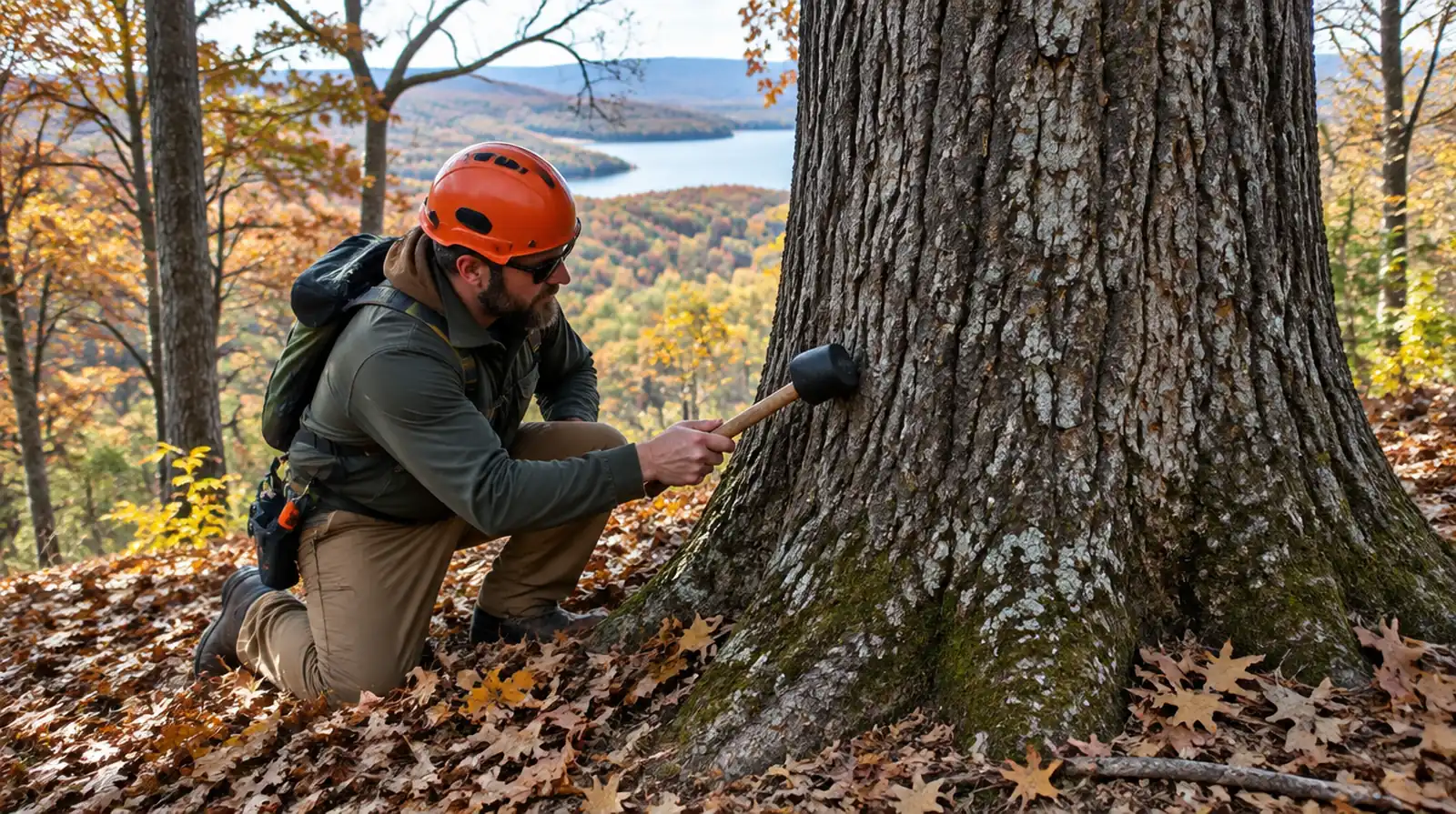 Arborist checking an oak trunk for decay in Mountain Home, AR
