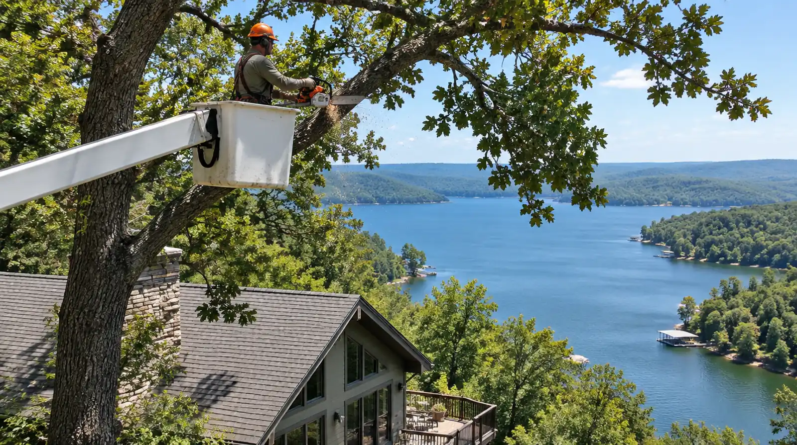 Arborist pruning an oak above a lakeside home near Norfork Lake, AR