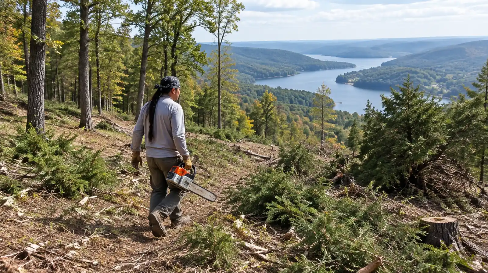 Hillside cleared of cedar thicket near Mountain Home, AR