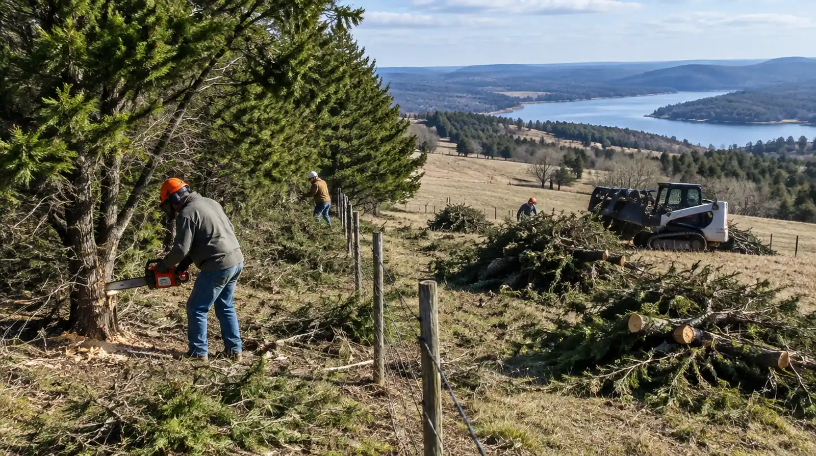 Crew removing eastern redcedar from a pasture fence line near Mountain Home, AR
