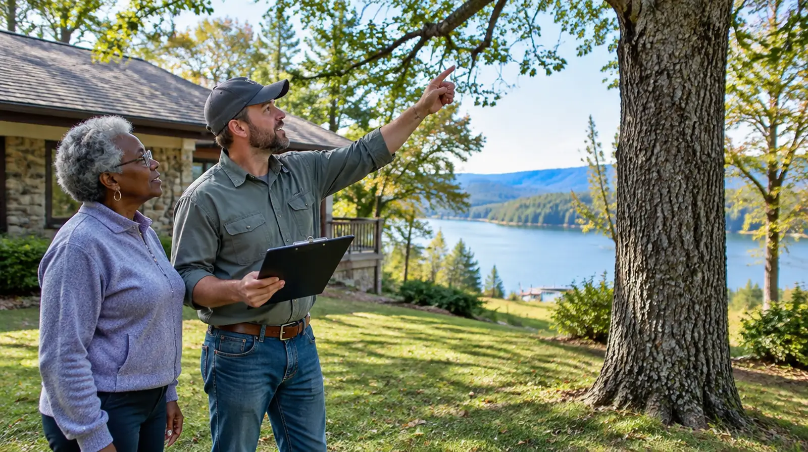 Estimator walking a yard with a homeowner for a free tree estimate in Mountain Home, AR