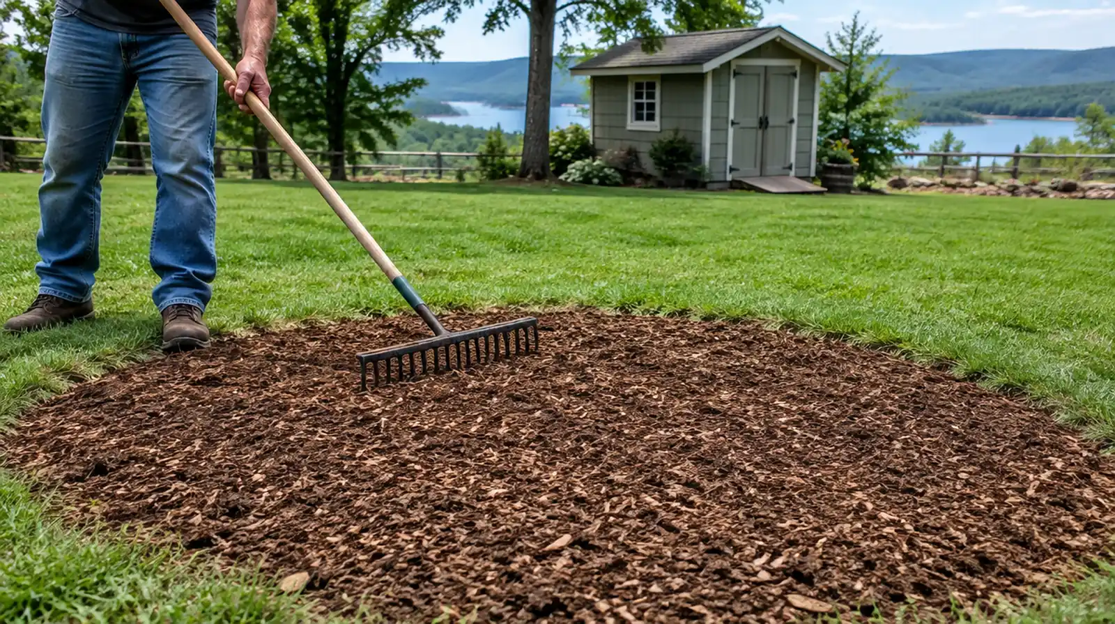 Freshly ground stump area raked level in a Mountain Home, AR backyard