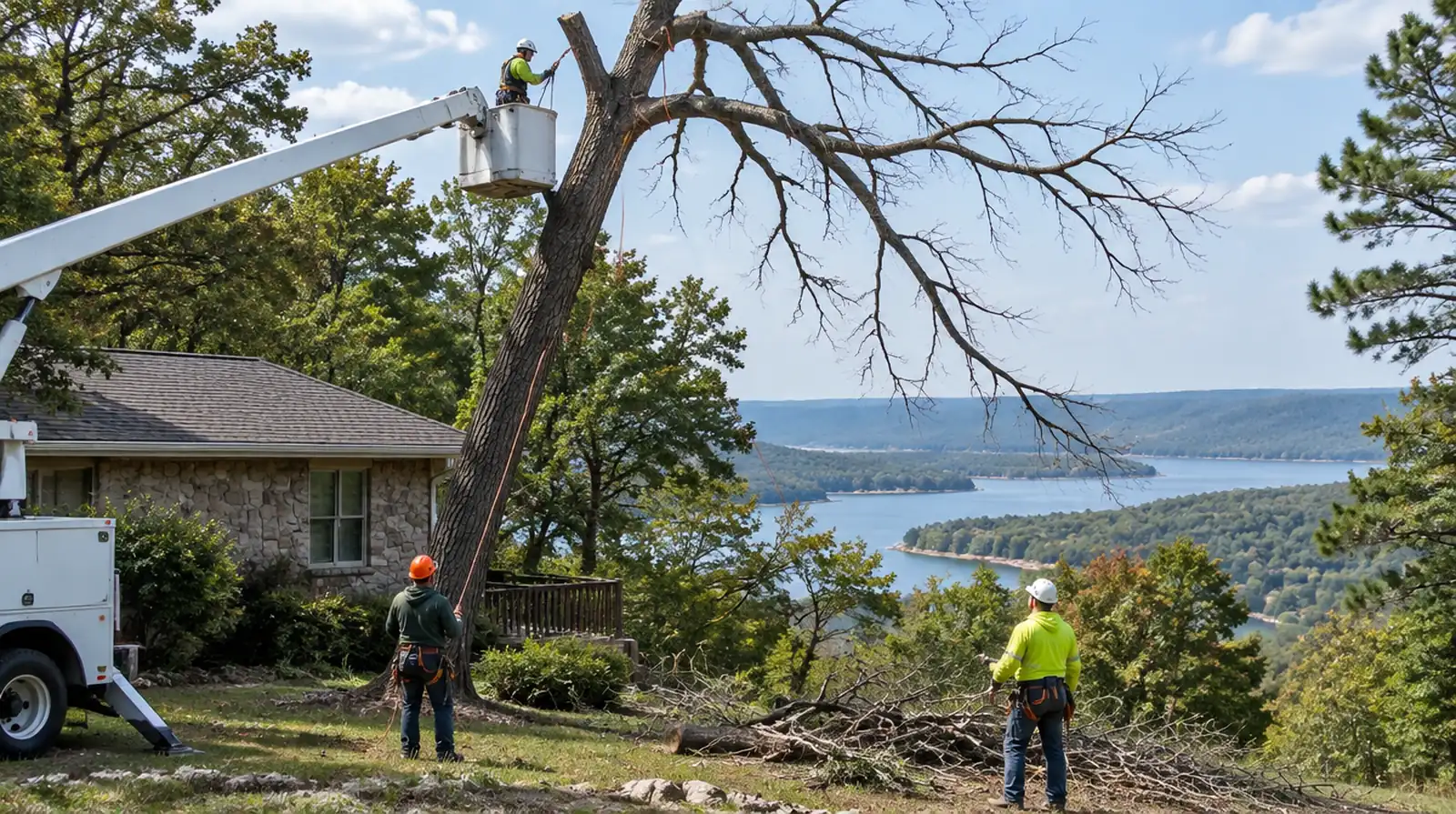 Bucket truck crew taking down a dead leaning tree near a house in Mountain Home, AR