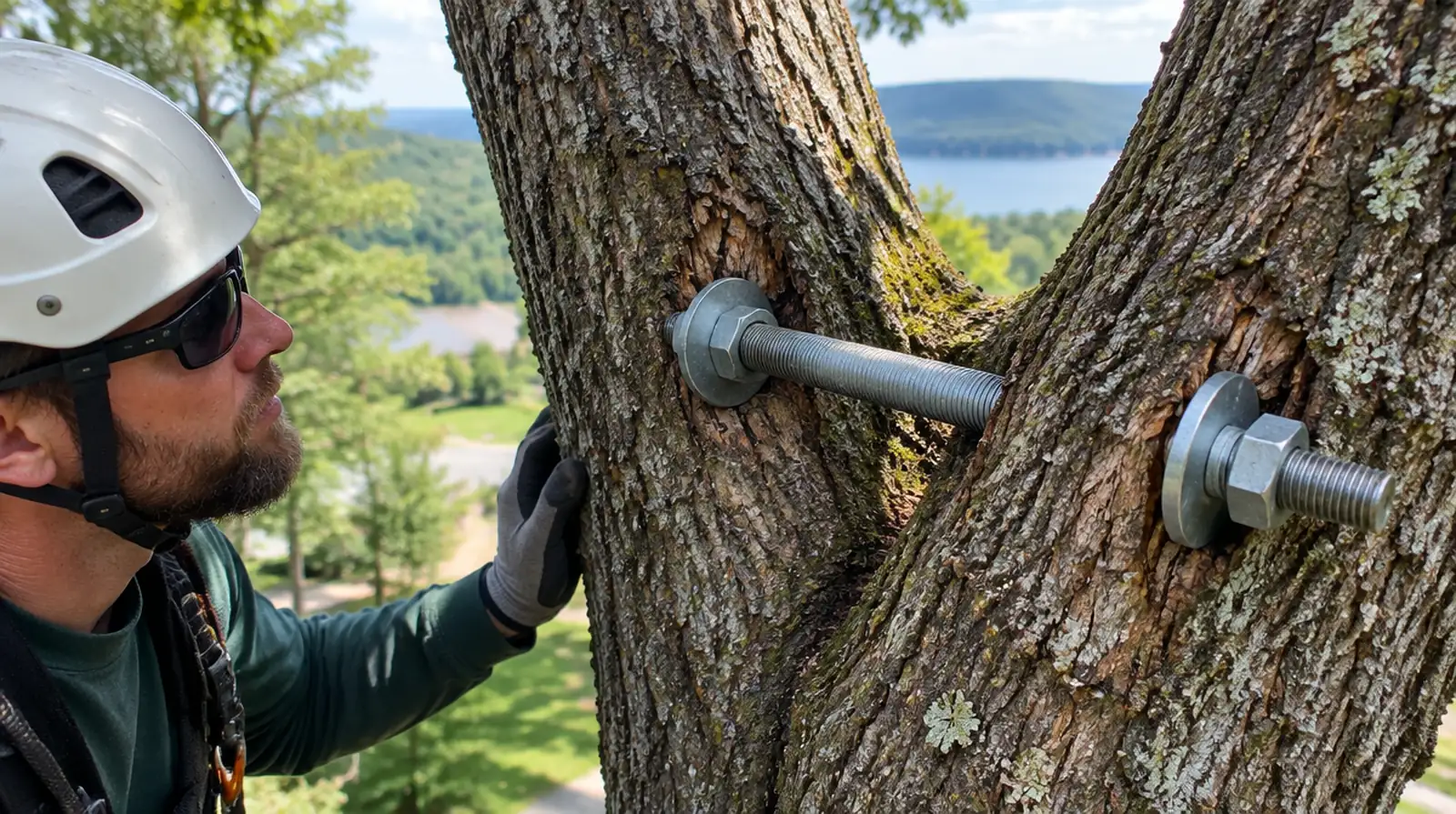 Brace rod hardware on a split oak trunk in Mountain Home, AR