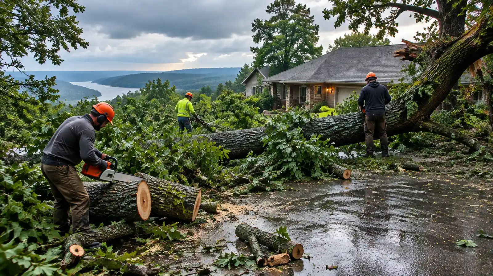 Crew clearing a storm-downed tree from a driveway in Mountain Home, AR