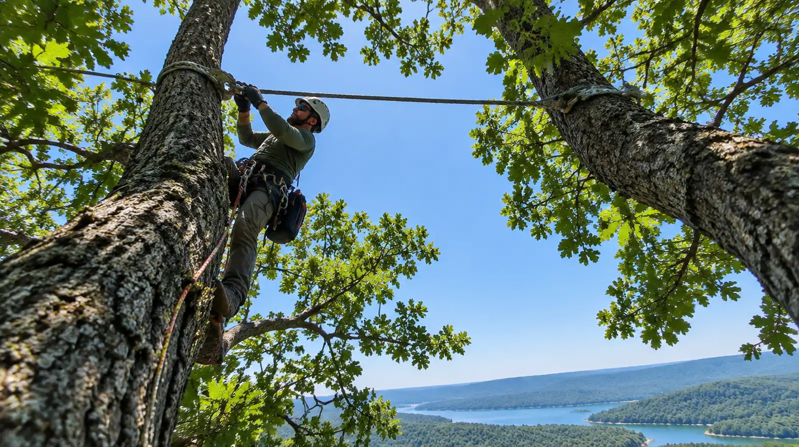 Arborist installing a steel support cable in an oak canopy in Mountain Home, AR
