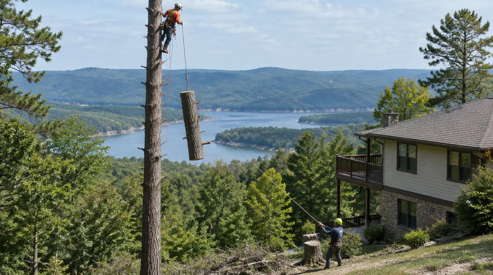 Climber lowering a trunk section with rigging during tree removal in Mountain Home, AR