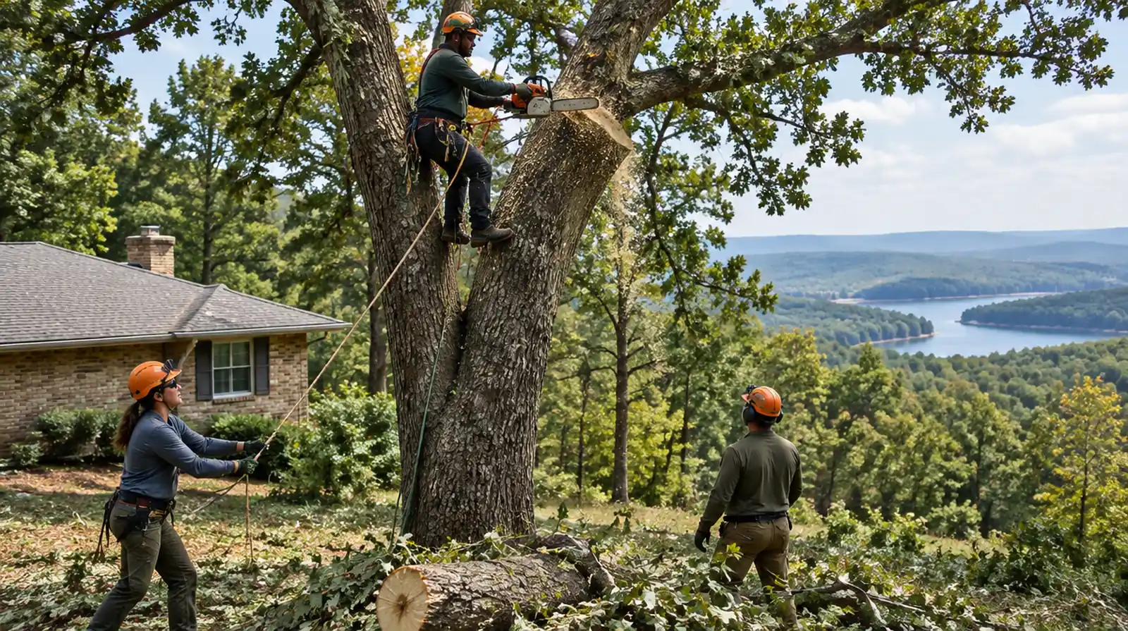 Tree crew removing a large oak beside a ranch-style home in Mountain Home, AR